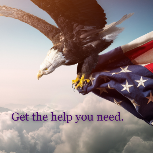 An eagle in flight gripping an American flag against a backdrop of sunlit clouds with the text 'Get the help you need.'