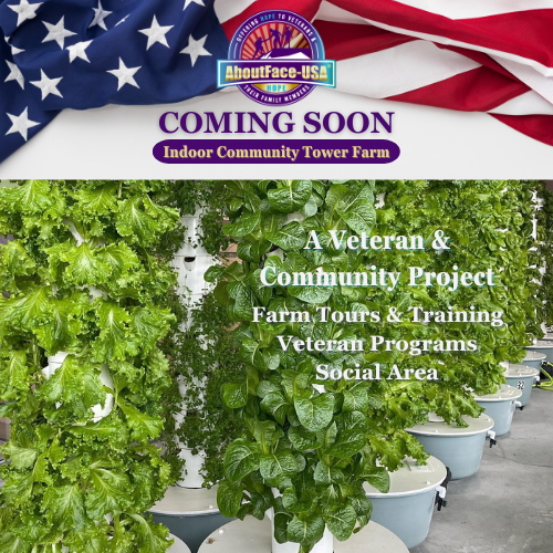 Preview of the upcoming AboutFace-USA® Indoor Community Tower Farm, featuring lush greenery, with the American flag in the background, symbolizing growth and community spirit.